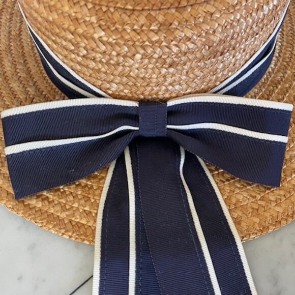 LAURA ASHLEY Vintage Straw Boater Hat with Navy White Ribbon Accent OS - Picture 10 of 16